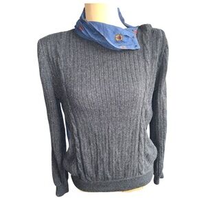 Valentino 80s Vintage Sweater Top Gray Rib Knit Blue Pattern Shoulder Size Small